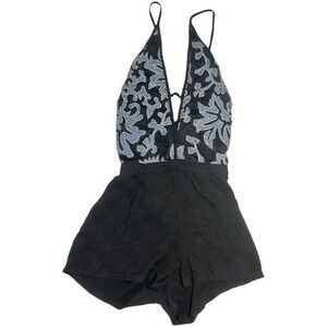 Lulumari Black Blue Lace Plunge Romper Crisscross Back Floral Mesh Womens S